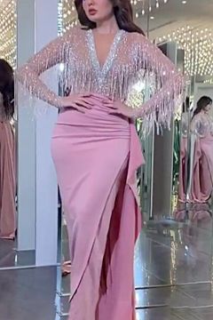 Pink Fringe Long-Sleeve Wrap Maxi Dress