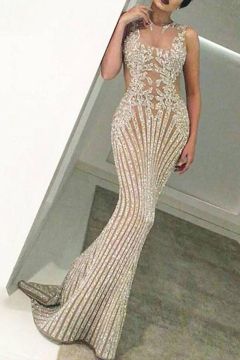 Ivory Lace Applique Mermaid Evening Gown