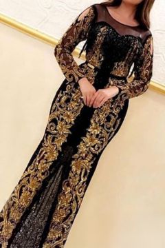 Black and Gold Embroidered Mermaid Evening Gown