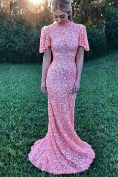 Peach Sequined High Neck Mermaid Prom Dress