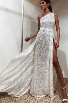 Ivory One-Shoulder Sequin Train Evening Gown