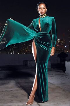 Emerald Velvet High-Slit Long Sleeve Evening Gown with Cape Detail