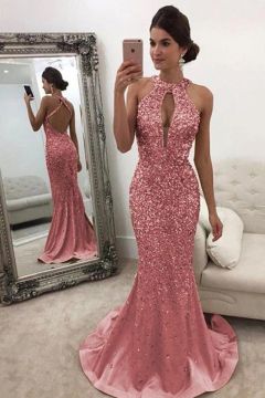Golden Halter Mermaid Sequin Gown