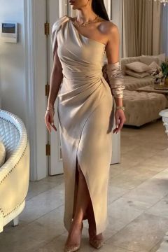 Champagne Drape One-Shoulder Gown