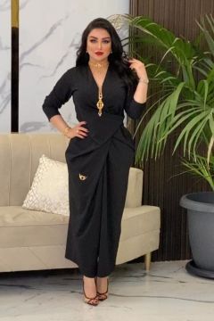 Black Jumpsuit with Deep V-Neckline and Wide Leg Pants