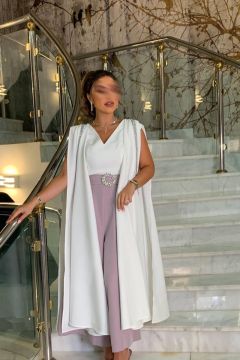 White Cape Sleeve Jumpsuit with Lilac Wide Leg Pants