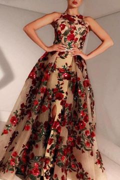 Floral Embroidered High Neck Sheer High-Slit Gown