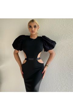Black Puff Sleeve Cutout Waist Midi Dress