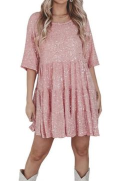 Pink Sequin Tiered Babydoll Mini Dress
