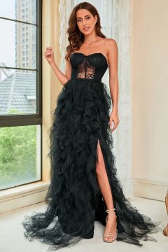 Strapless Lace Corset High-Slit Tulle Black Gown