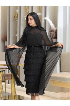 Chic Black Sheer Cape Top and Layered Fringe Skirt Set for Glamorous Evenings