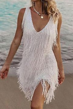 White Fringe Sequin Mini Dress