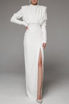 High-Slit Long Sleeve Evening Gown