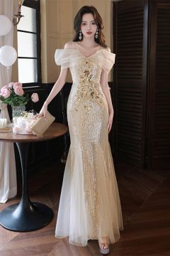 Glamorous Off-Shoulder Sequin Evening Gown with Sheer Overlay and Floral Accents