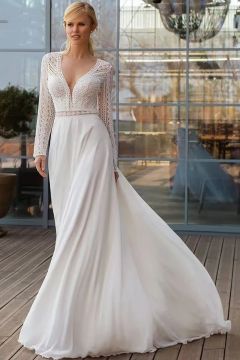 Long-Sleeve V-Neck Lace Bodice Flowy Chiffon Gown with Long Train for Formal Events