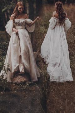 Off-the-Shoulder Puff Sleeve A-Line Gown with Long Train for Formal Events