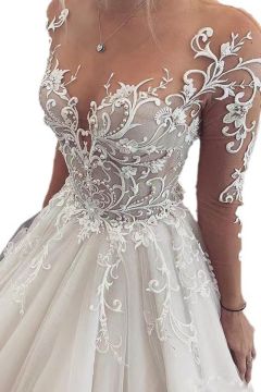 Illusion Lace Long-Sleeve Ball Gown with Full Skirt for Formal Events