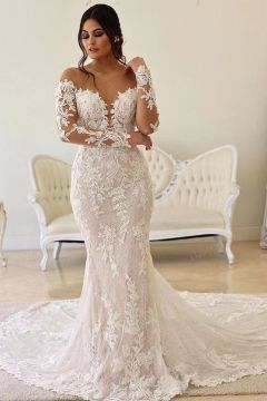 Lace Long-Sleeve Mermaid Gown with Long Train for Formal Events