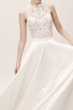 Lace High-Neck A-Line Gown with Long Train for Evening Events
