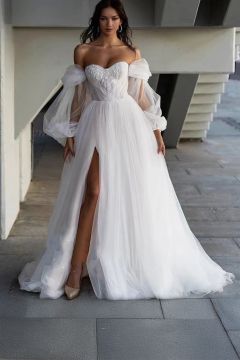 Off Shoulder Lace Bodice Tulle Gown with High Slit and Long Train for Formal Events