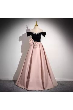 Blush & Black Off-Shoulder Bow Gown – Perfect for Weddings and Formal Events
