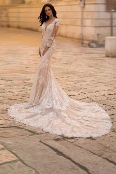 Neck Mermaid Gown with Long Train for Formal