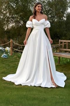 Off-the-Shoulder Puff Sleeve Satin Gown with Side Slit for Formal Events