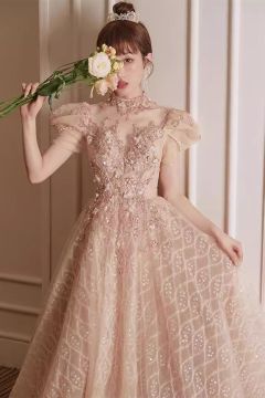 Romantic Blush Pink Embroidered Tulle Gown with Sequined Details – Perfect for Weddings and Formal Events