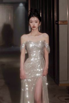Glittering Off-Shoulder Sequin Gown with High Slit – Sparkling Evening Elegance
