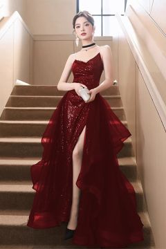 Burgundy Sequin High Slit Gown with Ruffled Overlay – Perfect for Prom and Evening Events