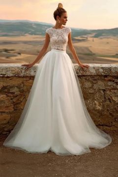 Lace Crop Top and Tulle Skirt Two-Piece Gown with Long Train for Formal Events
