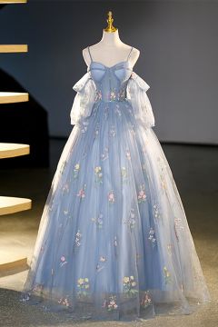 Whimsical Light Blue Floral Embroidered Tulle Ball Gown – Perfect for Fairytale Weddings and Special Occasions