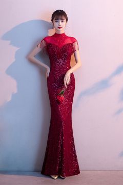 Glamorous Champagne Fringe Gown – Sparkling Sequin Mermaid Dress with High Neck & Beaded Tassels