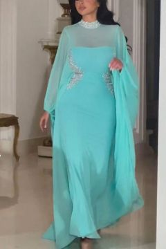 Aqua Flow Embellished Cape Gown
