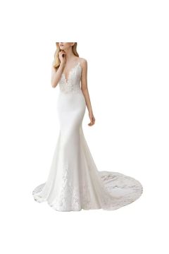 Lace-Trimmed V-Neck Mermaid Gown with Long Train for Formal Events