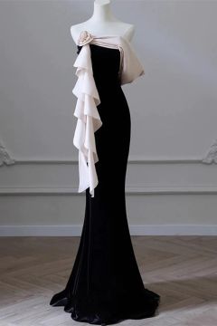 Elegant Off-Shoulder Black and Blush Evening Gown with Ruffled Silk Overlay and Floral Accent