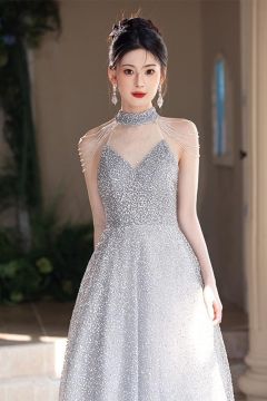 Silver Sparkle Halter A-Line Gown with Shoulder Strands – Perfect for Weddings and Formal Events