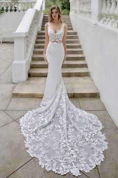 Lace V-Neck Mermaid Gown with Long Train for Formal Events