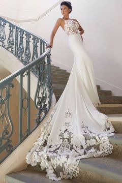 Lace Bodice Mermaid Gown with Long Train for Evening Events