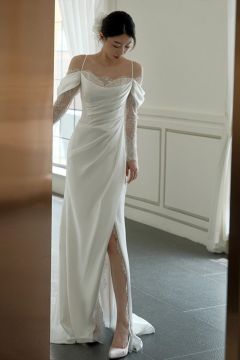 Off-the-Shoulder Lace-Trimmed Gown with Side Slit for Evening Events