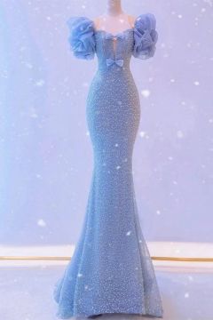Ice Blue Sequin Mermaid Gown with Puff Sleeves and Bow Detail – Perfect for Formal Events