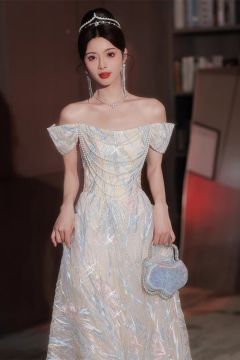 Pastel Iridescent Off-Shoulder Corset Gown with Pearl Accents – Perfect for Weddings and Formal Events