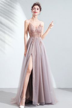 Ethereal Blush Slit Gown – Embroidered Tulle with Spaghetti Straps