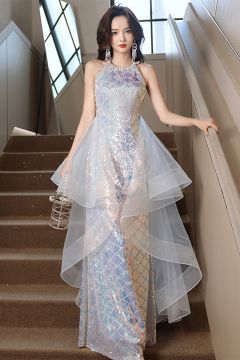 Iridescent Sequin Halter Gown with Layered Sheer Overlay – Perfect for Glamorous Evenings