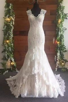 Lace V-Neck Mermaid Gown with Layered Skirt and Long Train for Formal Events