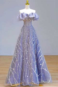 Lavender Off-Shoulder Sequin Gown – Sparkling Embellished Evening Dress