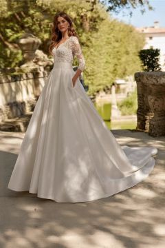 V-Neck Lace-Sleeve Flowy Satin Gown with Long Train for Formal Events