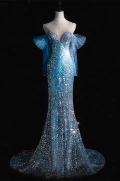 Sparkling Blue Mermaid Gown with Sheer Capelet Sleeves for Glamorous Events