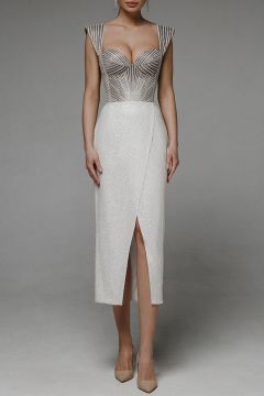 Silver and White Beaded Bodice Midi Dress with Front Slit
