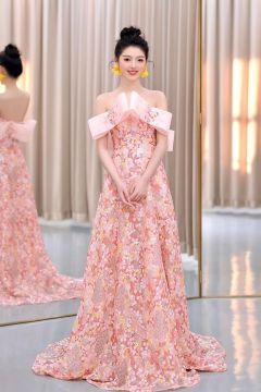 Floral Embroidered Pink Gown with Elegant Bow Detail – A Showstopper for Special Occasions